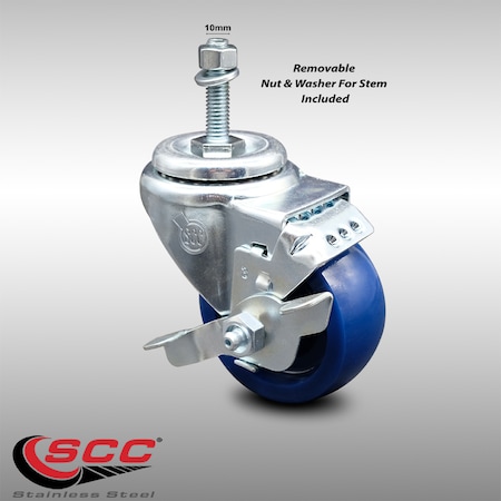 Service Caster 3.5 Inch SS Solid Polyurethane Swivel 10mm Threaded Stem Caster with Brake SCC-SSTS20S3514-SPUS-TLB-M1015